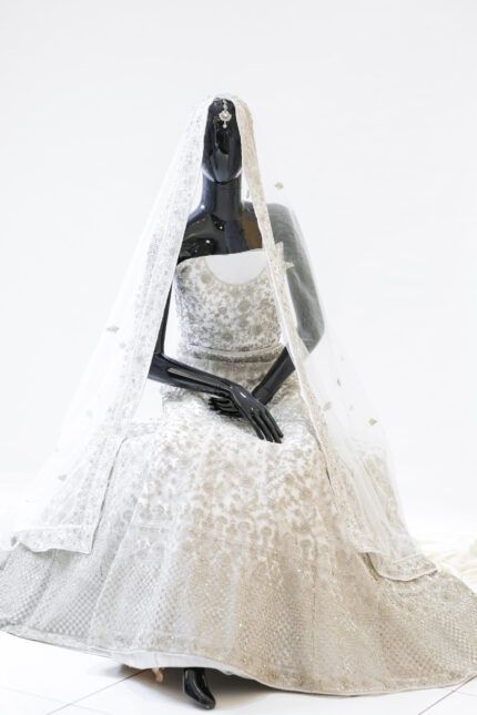 White Silver Embroidery and Stonework Semi-Stitched Bridal Lehenga