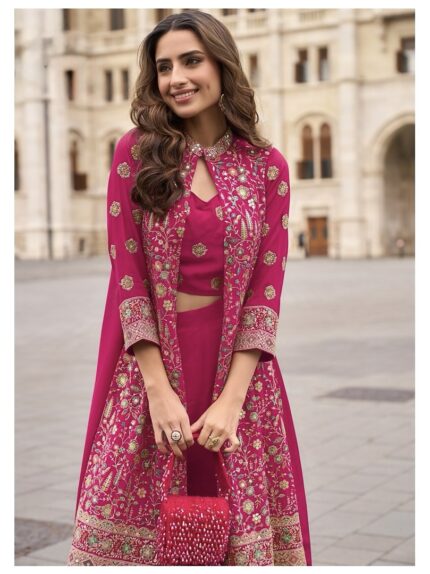 Fuchsia Elegance Embroidered Silk Blend Jacket Palazzo Ensemble