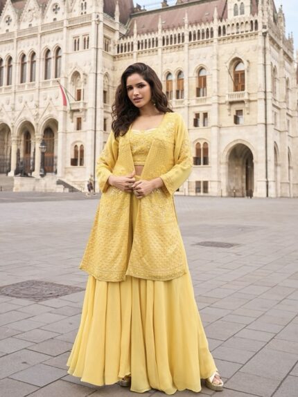 Sunshine Yellow Embroidered Georgette Fusion Set