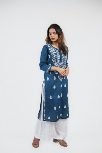 Teal Blue Chikankari Soft Cotton Kurta