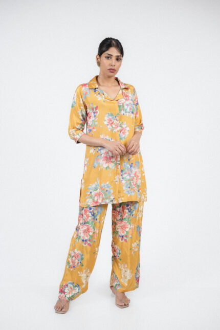 Mustard Digital Floral Printed Silk Co-ord Set