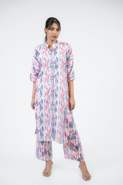 Blush & Azure Harmony Printed Line Silk Co-ord Set