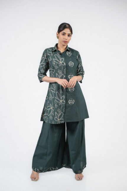Emerald Green Linen Silk Embroidered Mirror Work Co-ord Set