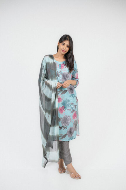 Aqua Grey Floral Printed Modal Silk Salwar Set