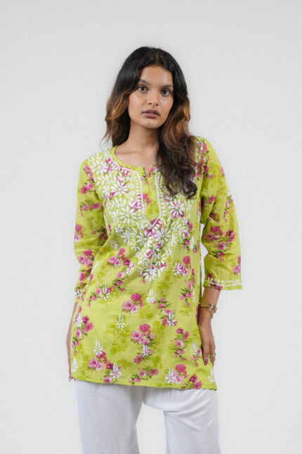 Lime Green Soft Cotton Chikankari Floral Kurta