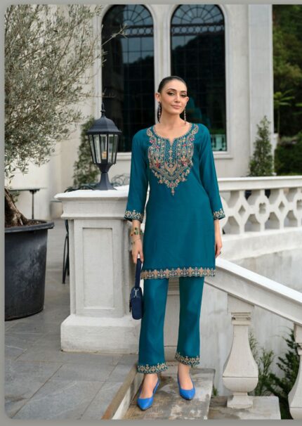 Teal Majesty Embroidered Cotton Silk Co-ord Set