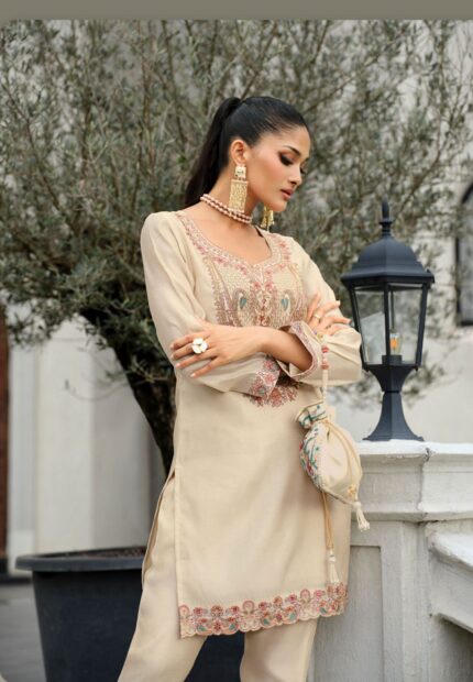 Champagne Beige Embroidered Cotton Blend Co-ord Set