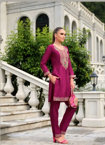 Wine Orchid Embroidered Two-Piece Set