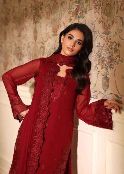 Royal Maroon-Red Chiffon Gold Zari Embroidered Luxe Pakistani Salwar Set