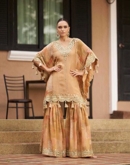 Light Brown Chinnon Silk Kaftan Gharara Set With Embroidery1
