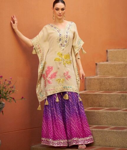 Cream And Blue Chinnon Silk Kaftan Gharara Set With Embroidery