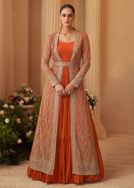 Rust Orange Embellished Long Jacket Anarkali Set