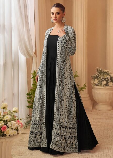 Black And Ivory Sayuri Designer Embroidered Long Jacket Gown