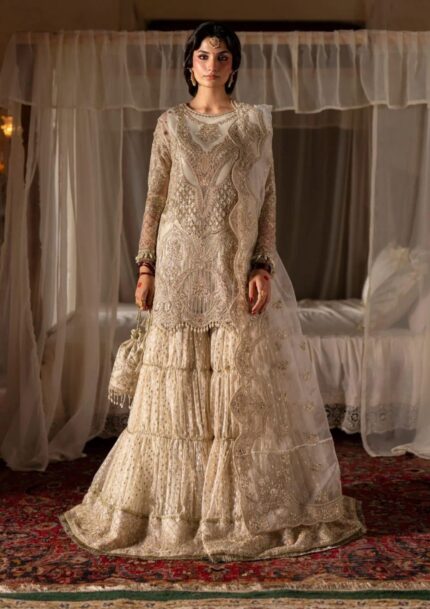 Ivory Zari-Embroidered Sharara Suit with Sheer Dupatta