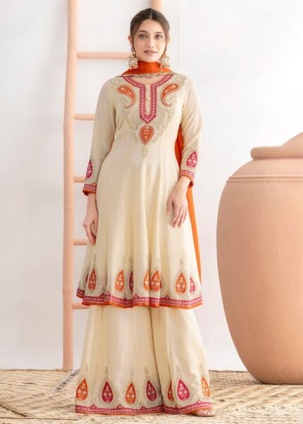 Off White Kalidar Anarkali Style Festive Palazzo Dress